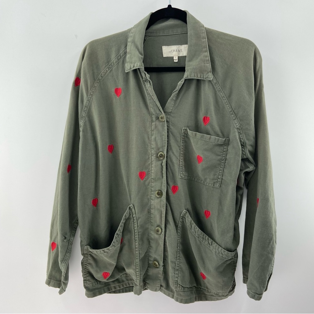 THE GREAT. Olive Green Utility Jacket with Red Heart Embroidery